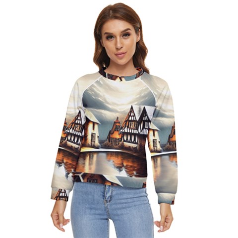 Village Reflections Snow Sky Dramatic Town House Cottages Pond Lake City Women s Long Sleeve Raglan T-shirt by Posterlux