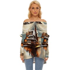 Village Reflections Snow Sky Dramatic Town House Cottages Pond Lake City Off Shoulder Chiffon Pocket Shirt by Posterlux