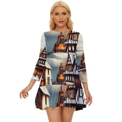 Village Reflections Snow Sky Dramatic Town House Cottages Pond Lake City Long Sleeve Babydoll Dress by Posterlux