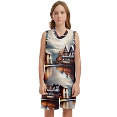 Village Reflections Snow Sky Dramatic Town House Cottages Pond Lake City Kids  Basketball Mesh Set by Posterlux