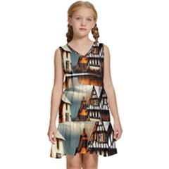 Village Reflections Snow Sky Dramatic Town House Cottages Pond Lake City Kids  Sleeveless Tiered Mini Dress by Posterlux