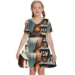 Village Reflections Snow Sky Dramatic Town House Cottages Pond Lake City Kids  Short Sleeve Tiered Mini Dress by Posterlux