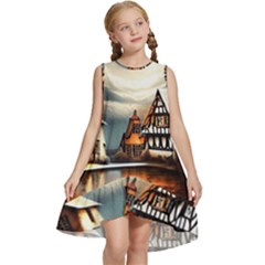 Village Reflections Snow Sky Dramatic Town House Cottages Pond Lake City Kids  Frill Swing Dress by Posterlux