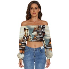 Village Reflections Snow Sky Dramatic Town House Cottages Pond Lake City Long Sleeve Crinkled Weave Crop Top by Posterlux