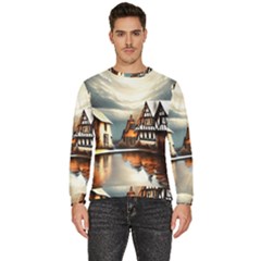 Village Reflections Snow Sky Dramatic Town House Cottages Pond Lake City Men s Fleece Sweatshirt by Posterlux