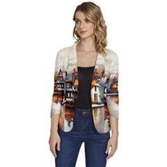 Village Reflections Snow Sky Dramatic Town House Cottages Pond Lake City Women s One-button 3/4 Sleeve Short Jacket by Posterlux