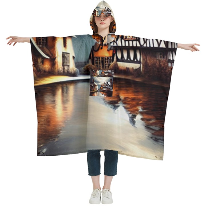 Village Reflections Snow Sky Dramatic Town House Cottages Pond Lake City Women s Hooded Rain Ponchos