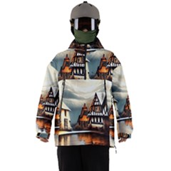 Village Reflections Snow Sky Dramatic Town House Cottages Pond Lake City Men s Ski And Snowboard Waterproof Breathable Jacket by Posterlux