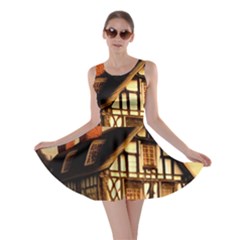 Village House Cottage Medieval Timber Tudor Split Timber Frame Architecture Town Twilight Chimney Skater Dress by Posterlux