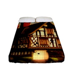 Village House Cottage Medieval Timber Tudor Split Timber Frame Architecture Town Twilight Chimney Fitted Sheet (full/ Double Size) by Posterlux