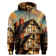 Village House Cottage Medieval Timber Tudor Split Timber Frame Architecture Town Twilight Chimney Men s Core Hoodie by Posterlux