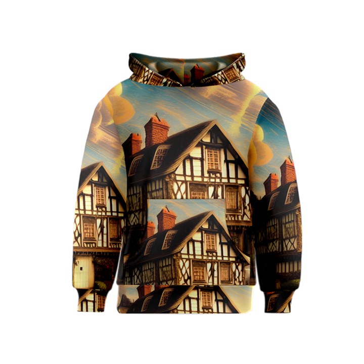 Village House Cottage Medieval Timber Tudor Split timber Frame Architecture Town Twilight Chimney Kids  Pullover Hoodie