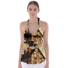 Village House Cottage Medieval Timber Tudor Split Timber Frame Architecture Town Twilight Chimney Tie Back Tankini Top by Posterlux