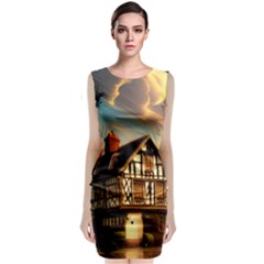 Village House Cottage Medieval Timber Tudor Split Timber Frame Architecture Town Twilight Chimney Classic Sleeveless Midi Dress by Posterlux