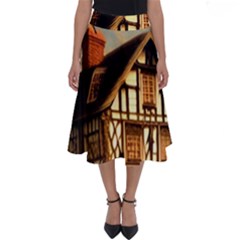 Village House Cottage Medieval Timber Tudor Split Timber Frame Architecture Town Twilight Chimney Perfect Length Midi Skirt by Posterlux