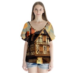 Village House Cottage Medieval Timber Tudor Split Timber Frame Architecture Town Twilight Chimney V-neck Flutter Sleeve Top by Posterlux