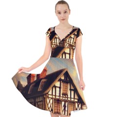 Village House Cottage Medieval Timber Tudor Split Timber Frame Architecture Town Twilight Chimney Cap Sleeve Front Wrap Midi Dress by Posterlux