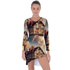 Village House Cottage Medieval Timber Tudor Split Timber Frame Architecture Town Twilight Chimney Asymmetric Cut-out Shift Dress by Posterlux