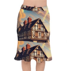 Village House Cottage Medieval Timber Tudor Split Timber Frame Architecture Town Twilight Chimney Short Mermaid Skirt by Posterlux