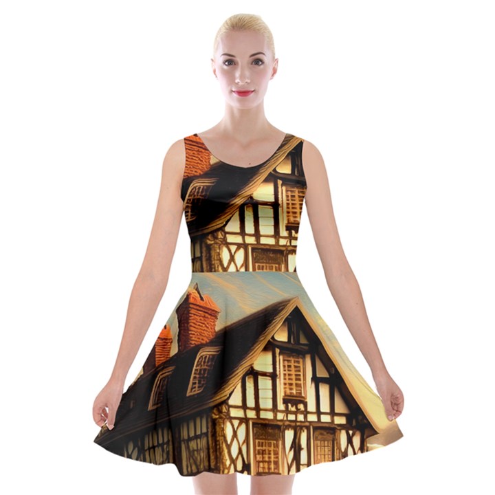 Village House Cottage Medieval Timber Tudor Split timber Frame Architecture Town Twilight Chimney Velvet Skater Dress