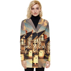 Village House Cottage Medieval Timber Tudor Split Timber Frame Architecture Town Twilight Chimney Button Up Hooded Coat  by Posterlux