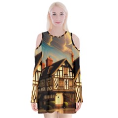 Village House Cottage Medieval Timber Tudor Split Timber Frame Architecture Town Twilight Chimney Velvet Long Sleeve Shoulder Cutout Dress by Posterlux