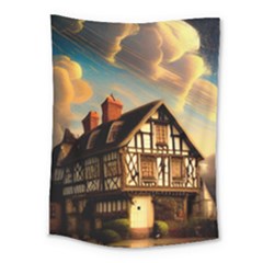 Village House Cottage Medieval Timber Tudor Split Timber Frame Architecture Town Twilight Chimney Medium Tapestry by Posterlux