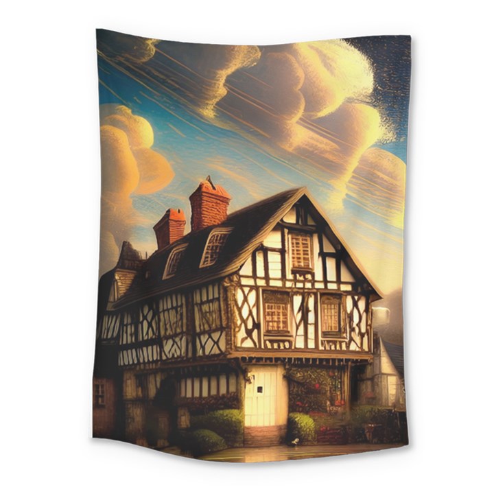 Village House Cottage Medieval Timber Tudor Split timber Frame Architecture Town Twilight Chimney Medium Tapestry