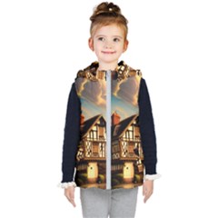 Village House Cottage Medieval Timber Tudor Split Timber Frame Architecture Town Twilight Chimney Kids  Hooded Puffer Vest by Posterlux