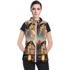 Village House Cottage Medieval Timber Tudor Split Timber Frame Architecture Town Twilight Chimney Women s Puffer Vest by Posterlux