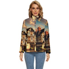 Village House Cottage Medieval Timber Tudor Split Timber Frame Architecture Town Twilight Chimney Women s Puffer Bubble Jacket Coat by Posterlux