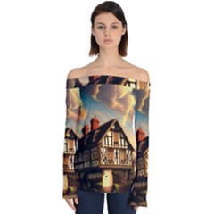 Village House Cottage Medieval Timber Tudor Split Timber Frame Architecture Town Twilight Chimney Off Shoulder Long Sleeve Top by Posterlux