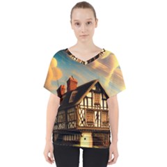 Village House Cottage Medieval Timber Tudor Split Timber Frame Architecture Town Twilight Chimney V-neck Dolman Drape Top by Posterlux