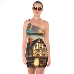 Village House Cottage Medieval Timber Tudor Split Timber Frame Architecture Town Twilight Chimney One Shoulder Ring Trim Bodycon Dress by Posterlux