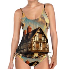 Village House Cottage Medieval Timber Tudor Split Timber Frame Architecture Town Twilight Chimney Tankini Set by Posterlux