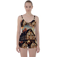 Village House Cottage Medieval Timber Tudor Split Timber Frame Architecture Town Twilight Chimney Tie Front Two Piece Tankini by Posterlux