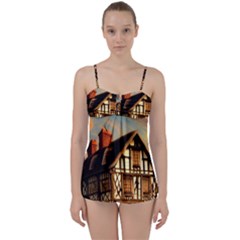 Village House Cottage Medieval Timber Tudor Split Timber Frame Architecture Town Twilight Chimney Babydoll Tankini Set by Posterlux