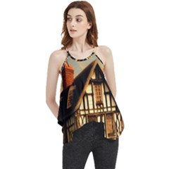 Village House Cottage Medieval Timber Tudor Split Timber Frame Architecture Town Twilight Chimney Flowy Camisole Tank Top by Posterlux