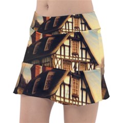 Village House Cottage Medieval Timber Tudor Split Timber Frame Architecture Town Twilight Chimney Classic Tennis Skirt by Posterlux