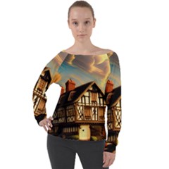 Village House Cottage Medieval Timber Tudor Split Timber Frame Architecture Town Twilight Chimney Off Shoulder Long Sleeve Velour Top by Posterlux