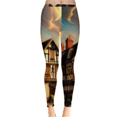 Village House Cottage Medieval Timber Tudor Split Timber Frame Architecture Town Twilight Chimney Inside Out Leggings by Posterlux