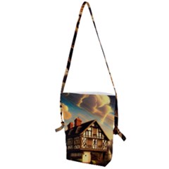 Village House Cottage Medieval Timber Tudor Split Timber Frame Architecture Town Twilight Chimney Folding Shoulder Bag by Posterlux