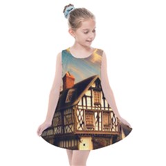 Village House Cottage Medieval Timber Tudor Split Timber Frame Architecture Town Twilight Chimney Kids  Summer Dress by Posterlux