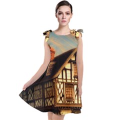 Village House Cottage Medieval Timber Tudor Split Timber Frame Architecture Town Twilight Chimney Tie Up Tunic Dress by Posterlux