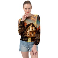 Village House Cottage Medieval Timber Tudor Split Timber Frame Architecture Town Twilight Chimney Banded Bottom Chiffon Top by Posterlux