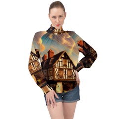 Village House Cottage Medieval Timber Tudor Split Timber Frame Architecture Town Twilight Chimney High Neck Long Sleeve Chiffon Top by Posterlux