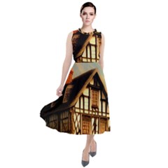 Village House Cottage Medieval Timber Tudor Split Timber Frame Architecture Town Twilight Chimney Round Neck Boho Dress by Posterlux