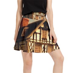 Village House Cottage Medieval Timber Tudor Split Timber Frame Architecture Town Twilight Chimney Waistband Skirt by Posterlux