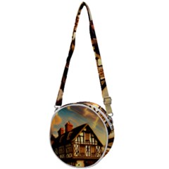 Village House Cottage Medieval Timber Tudor Split Timber Frame Architecture Town Twilight Chimney Crossbody Circle Bag by Posterlux