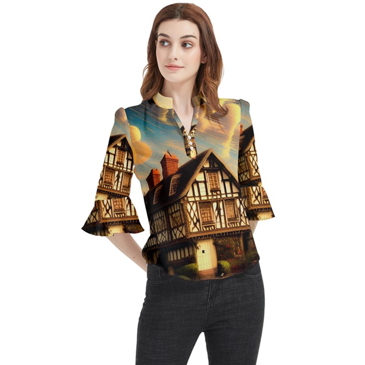 Village House Cottage Medieval Timber Tudor Split timber Frame Architecture Town Twilight Chimney Loose Horn Sleeve Chiffon Blouse